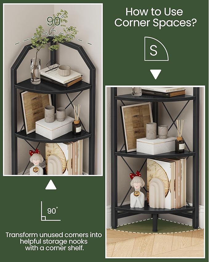 CHOEZON 3-Tier Corner Shelf, Industrial Corner Bookshelf, 35.4" Storage Stand, Plant Stand Display Shelf, Bookcase for Bedroom, Living Room, Home Office, Black TCJ03BB ﻿