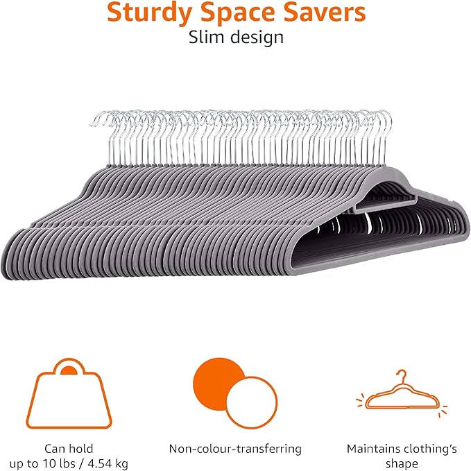 Amazon Basics Space Saving Heavy Duty Non-Slip Velvet Suit Hangers with Horizontal Tie Bar, Sturdy for Clothes Organization and Storage, Dark Gray, 50-Pack