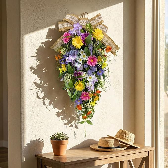 25 Inch Lighted Spring Summer Teardrop Swag with Timer Daisies Wildflower Burlap Bow Farmhouse Floral Decor for Front Door Wall