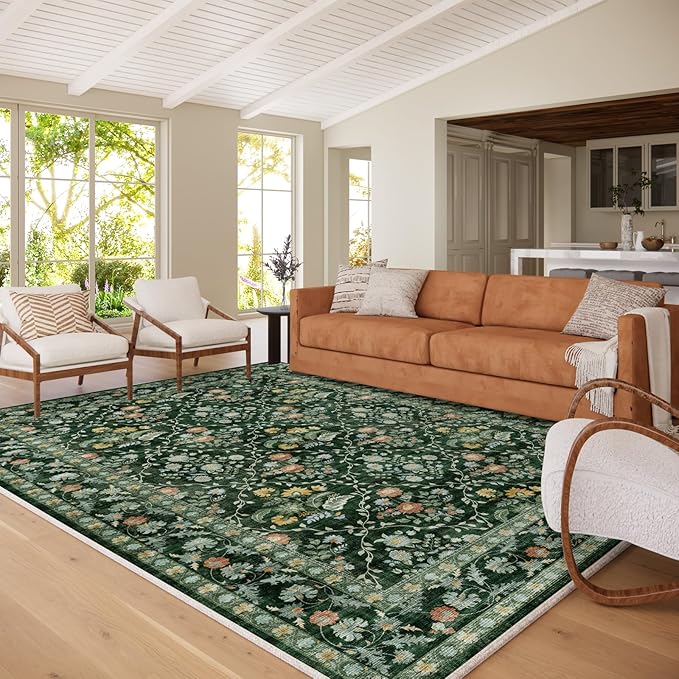 Vintage Botanical Dark Green Area Rug 8x10 Elegant Floral Pattern, Durable Stain-Resistant Fabric, Perfect for Living Room, Bedroom, Dining Room Decor