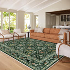 Vintage Botanical Dark Green Area Rug 8x10 Elegant Floral Pattern, Durable Stain-Resistant Fabric, Perfect for Living Room, Bedroom, Dining Room Decor