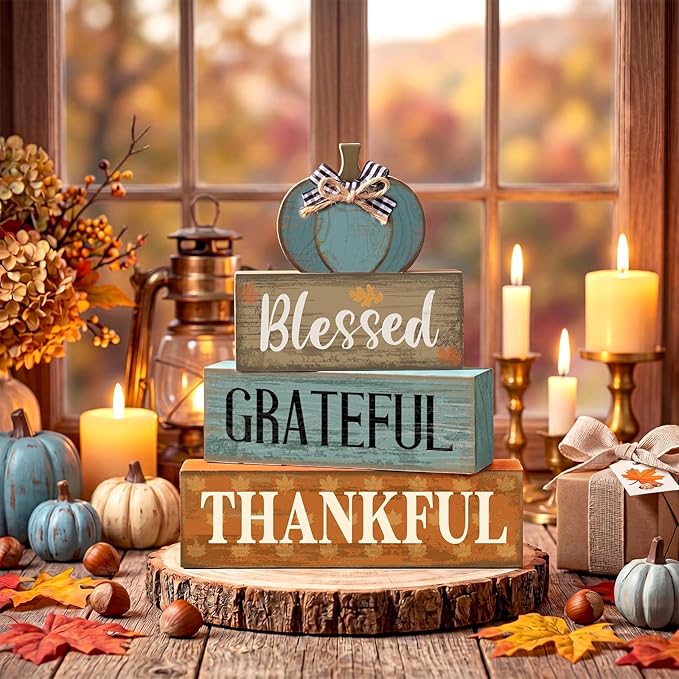 Lineshading 4 Pcs Fall Table Decoration for Home Wooden Blue Pumpkin Decor with Sunflowers Rustic Thanksgiving Tiered Tray Decor Autumn Centerpiece Decoration for Harvest Party Home Kitchen
