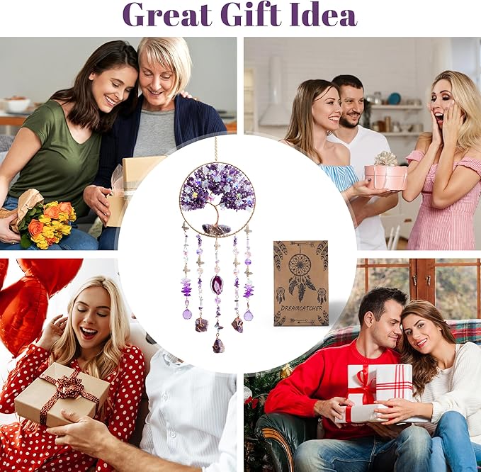 Amethyst Crystal Dream Catchers Purple Dream Catcher Wall Window Hangings Crystal Sun Catchers Prism Hanging Bedroom Home Decor Gifts for Girls Boys Adults