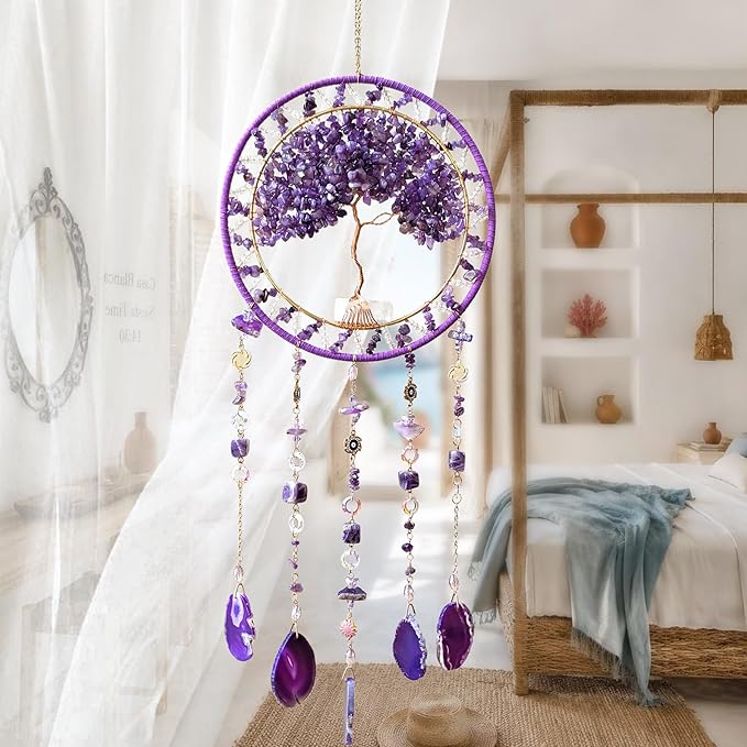 Tree Life Dream Catcher and Sun Catcher, Handmade Healing Crystal Boho Window Hanging for Home Decor, Rainbow Maker Wall Decor, for Women, Housewarming (Purple)