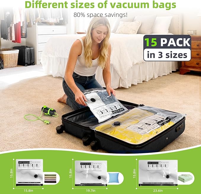 Vacuum Bags for Travel - USB Electric Pump, 15 Pack Carry-on Size Vacuum Seal Bags for Clothing - Space Saver Vacuum Storage Bags for Luggage, Travel Essentials.
