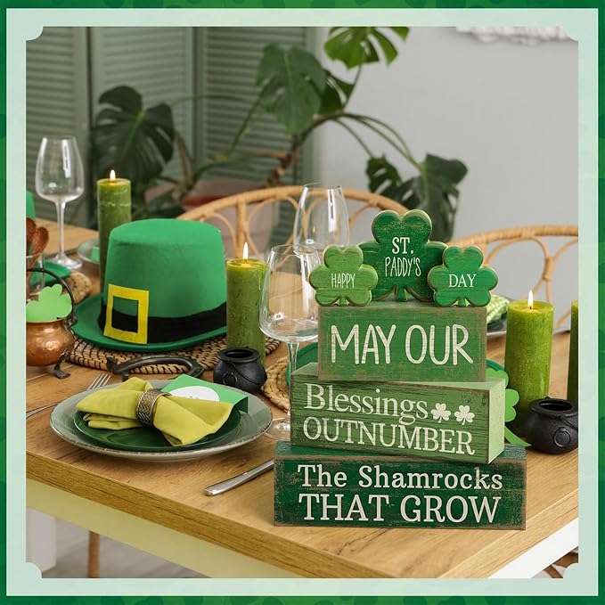 Lineshading 4 Pcs St. Patrick's Day Decor Wooden Shamrock Decoration Saint Patty's Day Tiered Tray Decor Rustic Wooden Shamrock Block Sign Irish Table Centerpiece Farmhouse for Party Home Kitchen