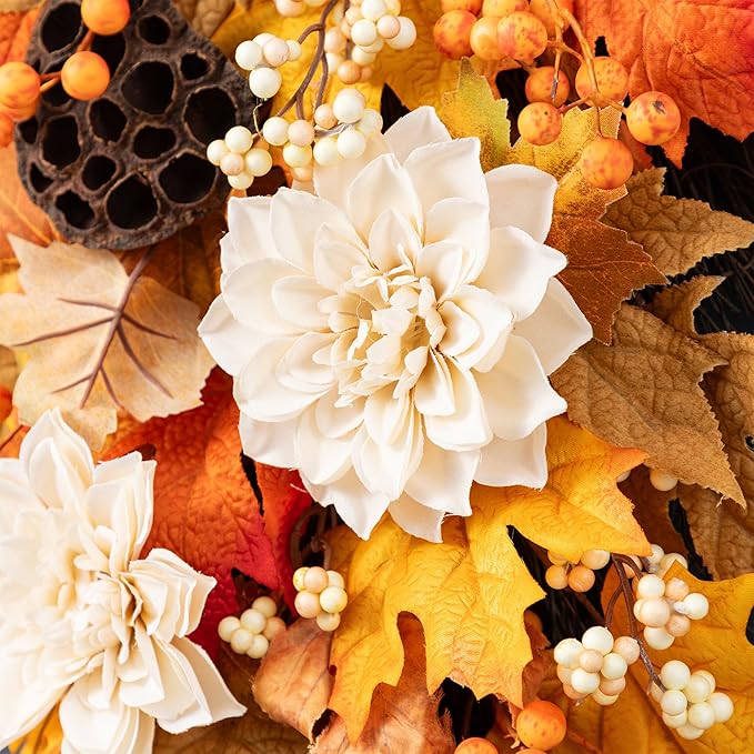 Glitzhome Fall Teardrop Swags for Front Door, 28''H Autumn Swag with Lotus, Lotus Pod and Berry, Fall Swags for Front Door, Thanksgiving Harvest Festivals Decor