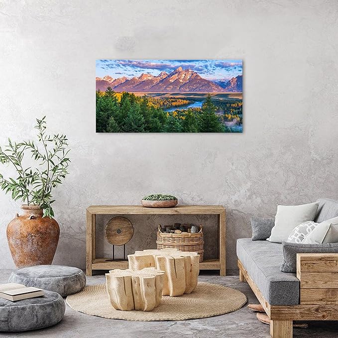 AIYISU Grand Teton Mountain Wall Art Sunset Nature National Park Posters Oxbow Bend Snake River Landscape Wall Decor Wyoming Scenery Painting Artwork for Living Room Office Home Decoration 20x40