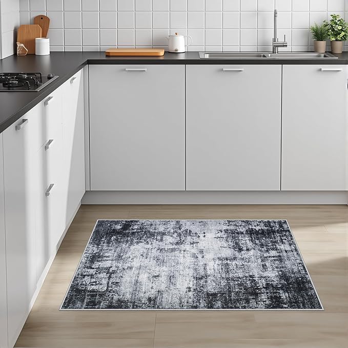 Washable Area Rug 2x3 Entryway Rug: Washable Modern Abstract Soft Thin Rug Indoor Floor No Slip Stain Resistant Carpet for Bedroom Dining Room Farmhouse Nursery Home Office - Dark Black