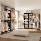 W1 Closet System, 3.5FT-7.7FT Closet Organizer System with 4 Chrome-Plated Telescopic Rods & 6 Adjustable Shelves, Custom Wood Walk-In Closet Wall-Mounted Clothing Rack, Black