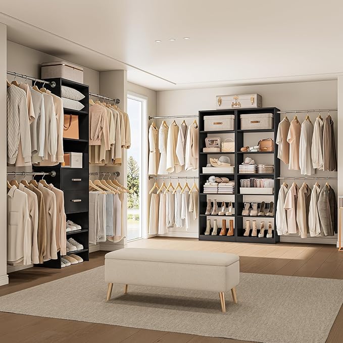W1 Closet System, 3.5FT-7.7FT Closet Organizer System with 4 Chrome-Plated Telescopic Rods & 6 Adjustable Shelves, Custom Wood Walk-In Closet Wall-Mounted Clothing Rack, Black