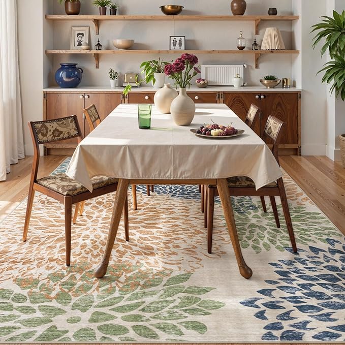 Dahlia Floral Washable Rugs, 8x10 Area Rugs for Bedroom,Boho Multicolored Ultra Thin Living Room Rug,Large Fall Soft Non Shedding Throw Carpet for Dining Room Classroom Dorm,Multi