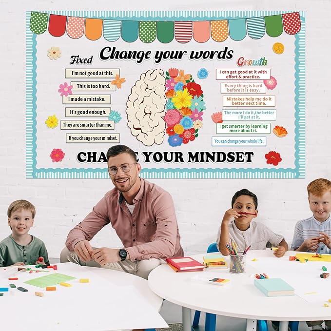 Growth Mindset Bulletin Board Classroom Decoration Flower Themed Change Your Mindset Bulletin Board Set Daisy Brain Cutouts Spring Positive Sayings Posters Decor for Back to School Teacher