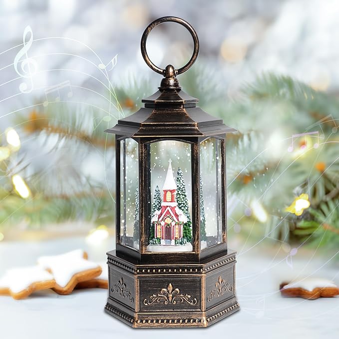 Christmas Snow Globes, 9.37" Church Glitter Water Lantern with Song, 6H Timer Battery & USB Powered Music Box for Christmas Decorations Indoor