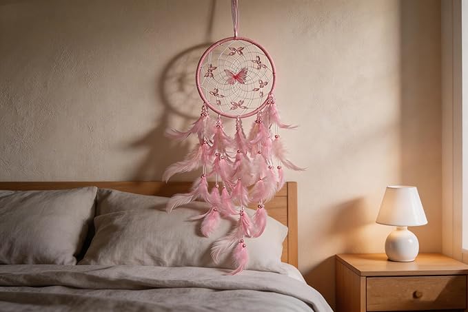 Dream Catcher for Girls – Butterfly Center, Pink & White Mixed Feathers & Clear Beads, Pink Decor for Bedroom, Comes with a Decorative Box & White Raffia