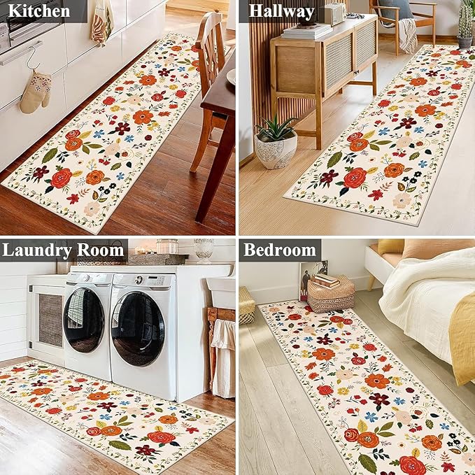U'Artlines 2' x 8' Colorful Floral Runner Rug for Hallways Kitchen Soft Non Slip Washable Floor Carpet Runners for Entryway Laundry Room Bathroom Beige