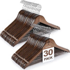 TOPIA HANGER Wooden Coat Hangers 30 Pack, Vintage Wood Suit Hangers with Non Slip Pants Bar, 360° Swivel Hook and Shoulder Notches for Camisole, Jacket, Pants, Smooth Finish Clothes Hangers - CT34A30