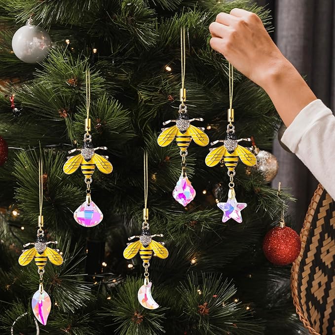 5PCS Hanging Decorations Xmas Tree Hanging Metal Bee Ornaments Gold Bee Mini Crystal Prism Suncatchers for Party Wedding Home Decor
