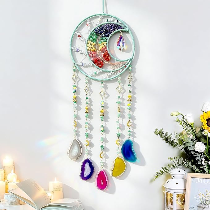 Large Dream Catchers, Chakra Tree of Life Dreamcatcher with Rainbow Healing Crystal Agate Suncatcher for Windows Hangings Prism Decoration Gifts for Adult Boys Bedroom Garden Room Decor