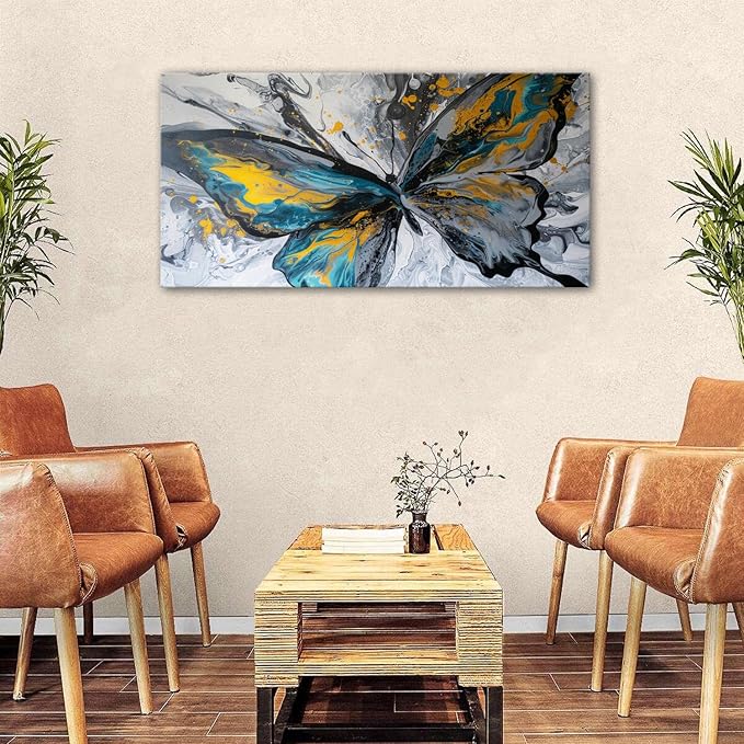 Abstract Butterfly Wall Art Teal Grey Yellow Butterfly Wall Decor Modern Marble Textured Canvas Poster Luxury Fluid Pictures Watercolor Neutral Artwork for Living Room Bedroom Home Decoration 24x48"