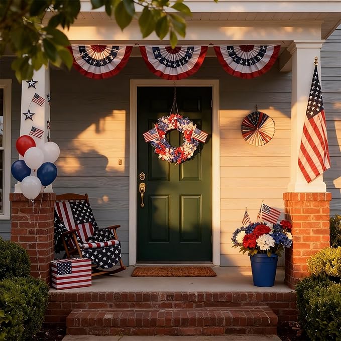 4th of July Wreath Patriotic Wreath 22 Inch Independence Day Wreaths for Front Door with Red White Blue Flag Forsythia Flowers for American Memorial Day Flag Day Indoor Outdoor Decor