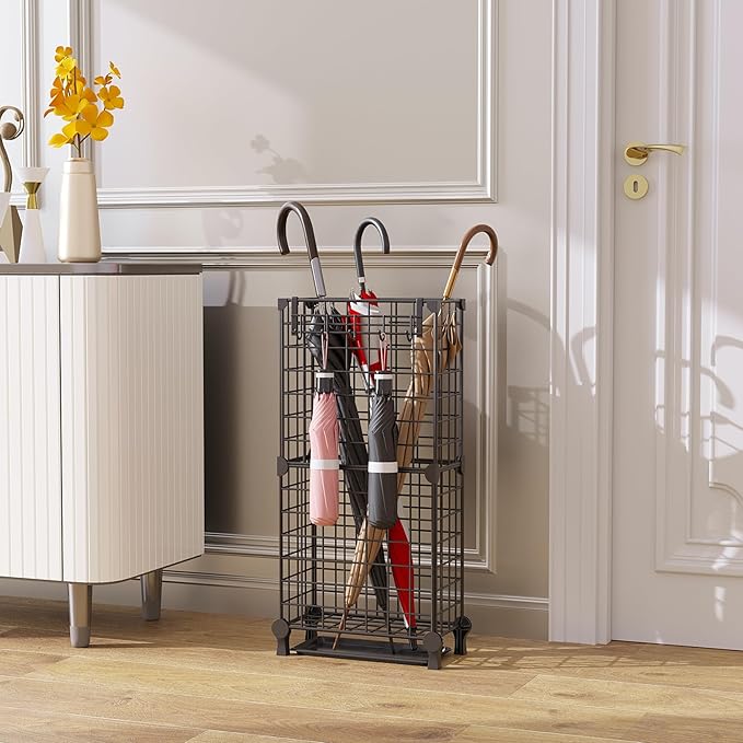 AWTATOS Umbrella Holder Entryway, Umbrella Stand Freestanding, Metal Square Umbrella Rack Organizer with a Removable Drip Tray, Hooks, Black