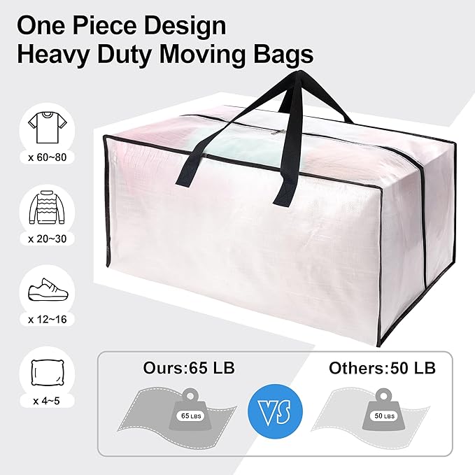 6 Pack Heavy Duty Large Moving Bags W/Backpack Straps - Strong Handles & Zippers, Storage Totes For Space Saving, Fold Flat, Alternative to Moving Box and Storage Bin, Semi-Transparent
