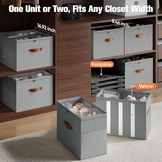 2 Pack Shoe Organizer for Closet,Foldable Shoe Storage Organizer with Adjustable Dividers, Shoe Storage Box with Clear Cover, Fits up to 16 Pairs, Gray
