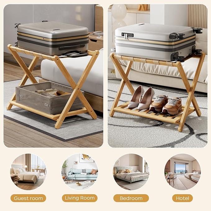 Full Assembled 26.77"L Luggage Rack for Guest Room, Set of 1 Foldable Suitcase Stand with 5 Nylon Straps, Luggage Holder with Shoe Shelf for Suitcases, Hotel (Natural Wood Bamboo Luggage Stands)
