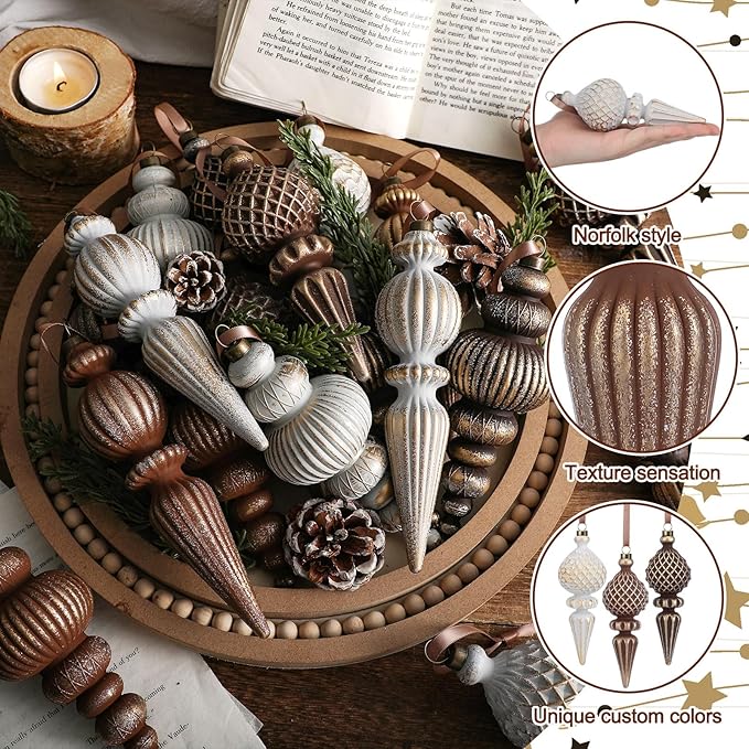 Yunlly 18 Pcs Neutral Christmas Ornaments Textured Christmas Tree Decor with Hanging Loop Modern Brown Hanging Ornaments Finial Shatterproof Decor for Xmas Tree Vintage Rustic Ivory Farmhouse