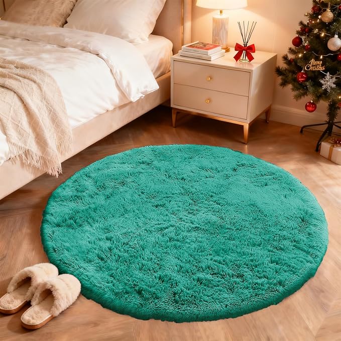 OLANLY Teal Green Round Rugs for Bedroom - Machine Washable, 9 ft Circle Area Rugs for Living Room, Soft and Fluffy Shaggy Carpet for Teen Girl and Boys, Nursery Rooms, Dorms, Home Decor Aesthetic
