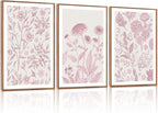 KAIRNE Floral Wall Art Set of 3,Framed Vintage Botanical Flower Canvas Prints,Pink and White Minimalist Wildflower Artwork,Modern Farmhouse Boho Decor for Living Room Bedroom Office Kitchen,16X24 inch