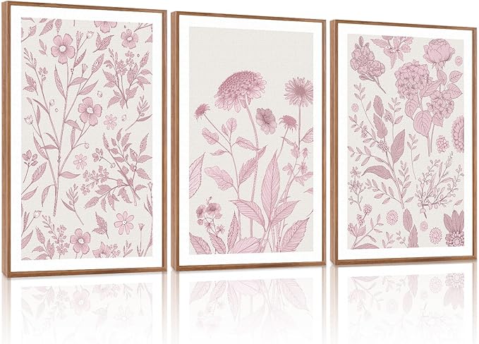 KAIRNE Floral Wall Art Set of 3,Framed Vintage Botanical Flower Canvas Prints,Pink and White Minimalist Wildflower Artwork,Modern Farmhouse Boho Decor for Living Room Bedroom Office Kitchen,16X24 inch