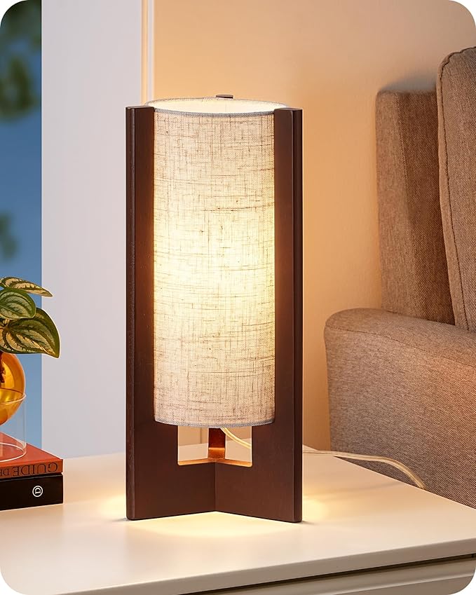 EDISHINE Wood Table Lamp, 13.5" Small Bedside Lamp, Beige Linen Shade, Rosewood Cylinder Nightstand Lamp for Bedroom Living Room, On-Off Line Switch, E26 Base (Bulb Not Included)