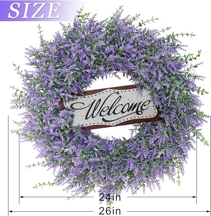 26" Artificial Lavender & Eucalyptus Wreath with Welcome Sign for Front Door, Porch, Window - Large Greenery Outdoor Wreath for Home, Farmhouse Decor - Spring, Summer, All Seasons (Purple)
