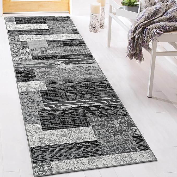 FlyDOIT Modern Geometric Patchwork Area Rug, 2.7x8 Grey Runner Rugs for Living Room, Rockwood Collection Indoor Rugs for Bedroom, Throw Carpet Floor Decor for Entryway Dining Room Office Nursery