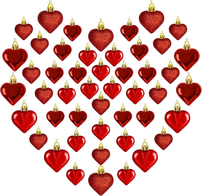 48PCS Heart Shaped Ornaments, Red Heart Shaped Ornaments, Valentines Heart Hanging Ornaments in 2 Sizes, Glossy Heart Baubles for Valentines Wedding Christmas Tree Party Decorations