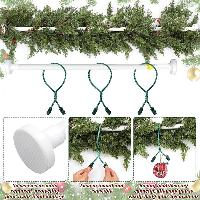Leinuosen Christmas Front Door Garland Hanger 43-74 Inch Adjustable Christmas Wreath Hanger Stainless Steel Retractable Rod with 3 Green Tie Ropes No Nail Screw No Damage for Xmas DIY Hanging (White)