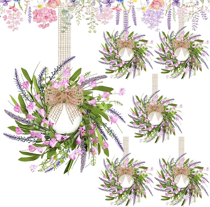 6 PCS 9'' Mini Pink Forsythia Lavender Wreath for Front Door Small Spring Kitchen Cabinet Wreaths with Burlap Ribbon Hanging Farmhouse Wreaths Artificial Greenery Wreath for Porch Wall Window Decor