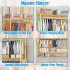 Homdox Gold Heavy Duty Clothes Rack with Wheels, 3-Tier Rolling Metal Garment Organizer with Double Hanging Rods & Hooks, Freestanding Portable Closet, 17.72" D x 47.24" W x 80.71" H