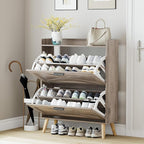 32" W Farmhouse Shoe Storage Cabinet with 2 Flip Drawers and Barn Door Design, Adjustable Shelves, Modern Hidden Slim Narrow Shoe Rack Cabinet for Entryway, Foyer, Hallway, Living Room, Greige