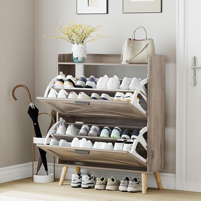 32" W Farmhouse Shoe Storage Cabinet with 2 Flip Drawers and Barn Door Design, Adjustable Shelves, Modern Hidden Slim Narrow Shoe Rack Cabinet for Entryway, Foyer, Hallway, Living Room, Greige