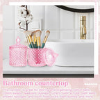 Aoriher 4 Pcs Crystal Glass Candy Jar Set with Lids Home Decorative Storage Jars for Apothecary, Bathroom, Kitchen, and Pantry, Ideal for Cotton Swabs and Jewelry(Medium,Pink)