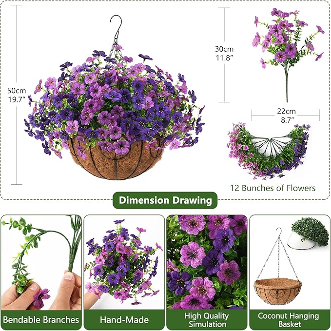 Artificial Faux Hanging Baskets Flowers Plants for Outdoor Spring Decoration, Fake Silk Daisy Outside Indoor UV Resistant Look Real Yard Patio Front Porch Garden Balcony Home Decor(Double Purple)
