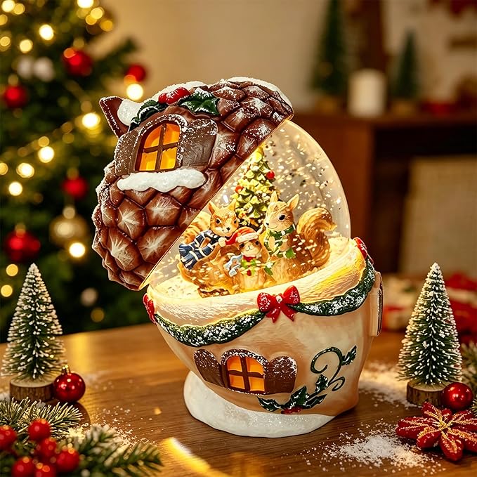 6.5-Inch Lighted Acorn Swirling Water Glitter Globe with Squirrel Family Scene, Battery Operated, 8H Timer, Holiday Sparkling Gift and Indoor Christmas Home Décor (Acorn)