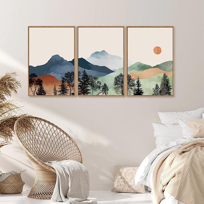 SIGNINART Boho Mountain Framed Canvas Wall Art Set of 3, Watercolor Nature Landscape Art Prints, Modern Sunrise Art Paintings, Green Forest Wall Decor for Living Room, Bedroom, Office 16"x24"x3