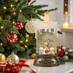 Christmas Snow Globe Candle with Timer & Music, Snowy Cabin Scene, Swirling Glittering Candle Shaped Snow Lantern, USB/Battery Operated Lighted Lantern for Christmas Decoration