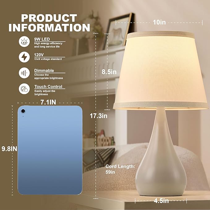 17.3'' Modern Dimmable Touch Lamps for Nightstand 2pcs, Table Lamps for Living Room, Reading Desk Lamp for Office, Bedside Lamps with Iron Base, Small Lamp for Bedroom, Bulb Included, Cream