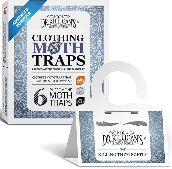 Dr. Killigan Premium Clothing Moth Traps with Pheromones Prime | Non-Toxic Clothes Moth Trap with Lure for Closets | Moth Killer Treatment & Prevention (6, White)
