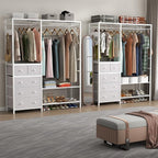 Auromie Clothes Rack with 5 Drawers & 4 Storage Shelves, 59.1W*70.9H Heavy Duty Clothing Rack with 2 Hanging Rods, Wardrobe Closet Organizer System with 5 Hooks, Freestanding Garment Rack (White)